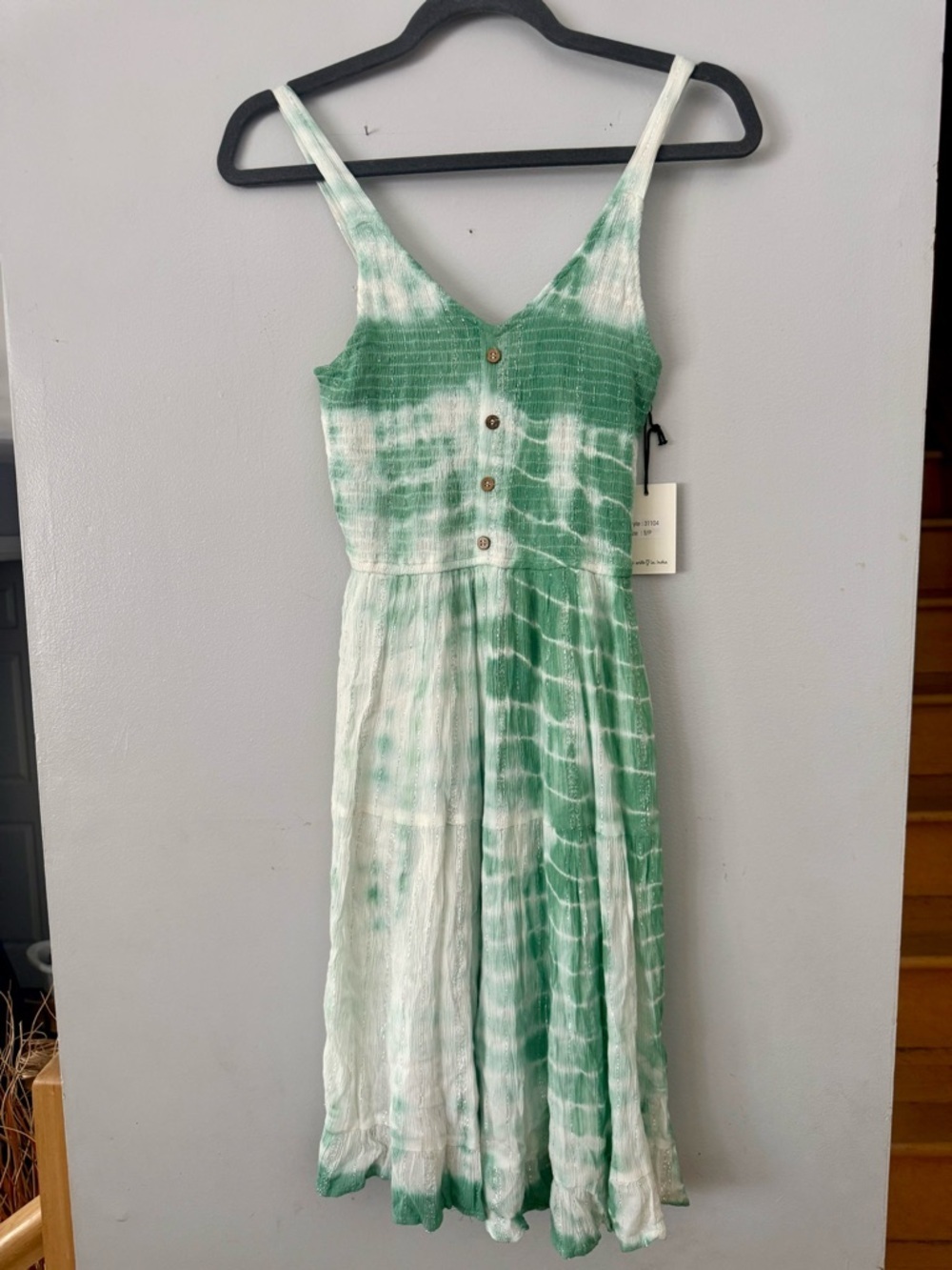 Japna Button-Front Summer Dress Green Tie Dye Smocked Bodice